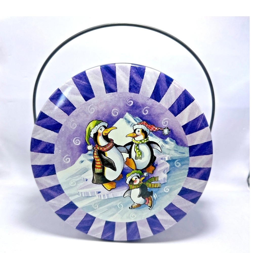 Penguin Tin Bucket Pail Holiday Winter Christmas Decor Storage Container